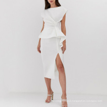 White Bodycon Cap Sleeve High Split Classy Ruffles Female Career Dress